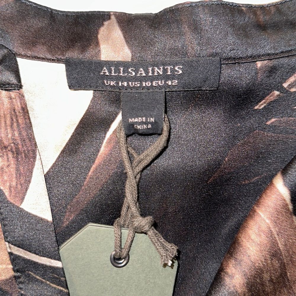 All Saints Black Satin Abstract Floral Tie-Neck Blouse with Bronze Accents - Picture 6 of 16